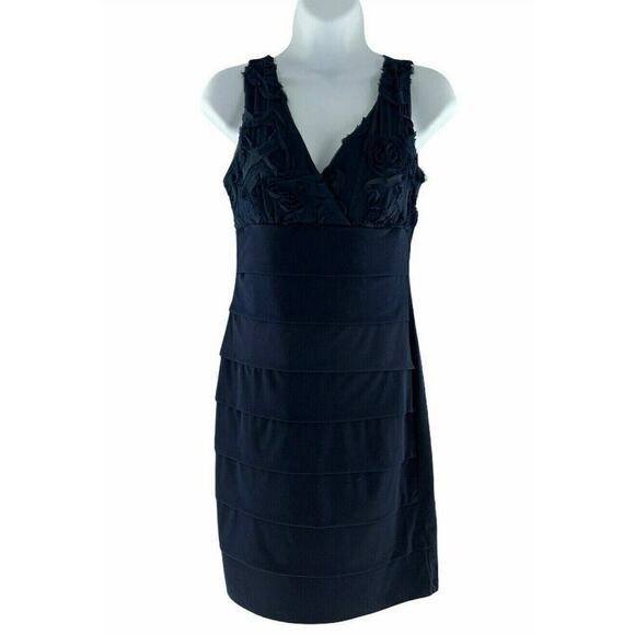 En Focus Studio Dress Womens Size 6 Navy Blue Ruffles Floral Sleeveless Cocktail - Picture 1 of 6